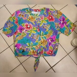 Restless Clothiers 100% Silk Tropical Print Tie-Front Blouse Size S